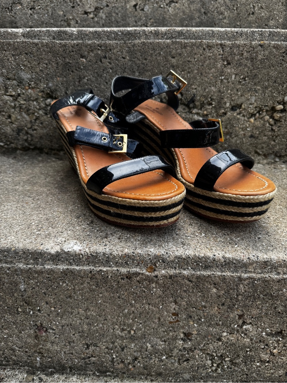 kate spade Black Patent Platform Espadrille Wedges with Gold Buckles